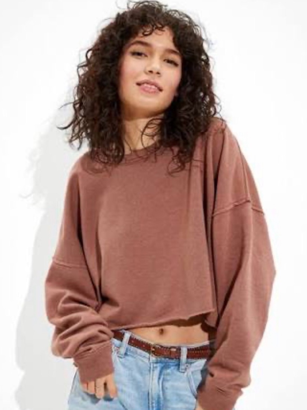 American Eagle Purple Distressed Cropped Crew Neck